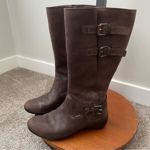 Ecco Leather Buckle Boots Tall Riding Brown Womens Size 38 / 7 / 7.5